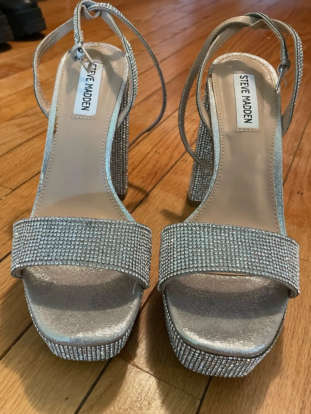 Sz 8 - Steve Madden “Lessa” Silver Rhinestone Platform Block Heel